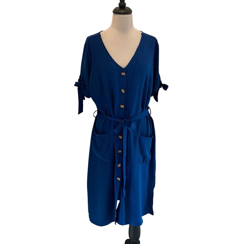 Millenium Women's Button Front Tie Belt Midi Dress Blue XL NWT